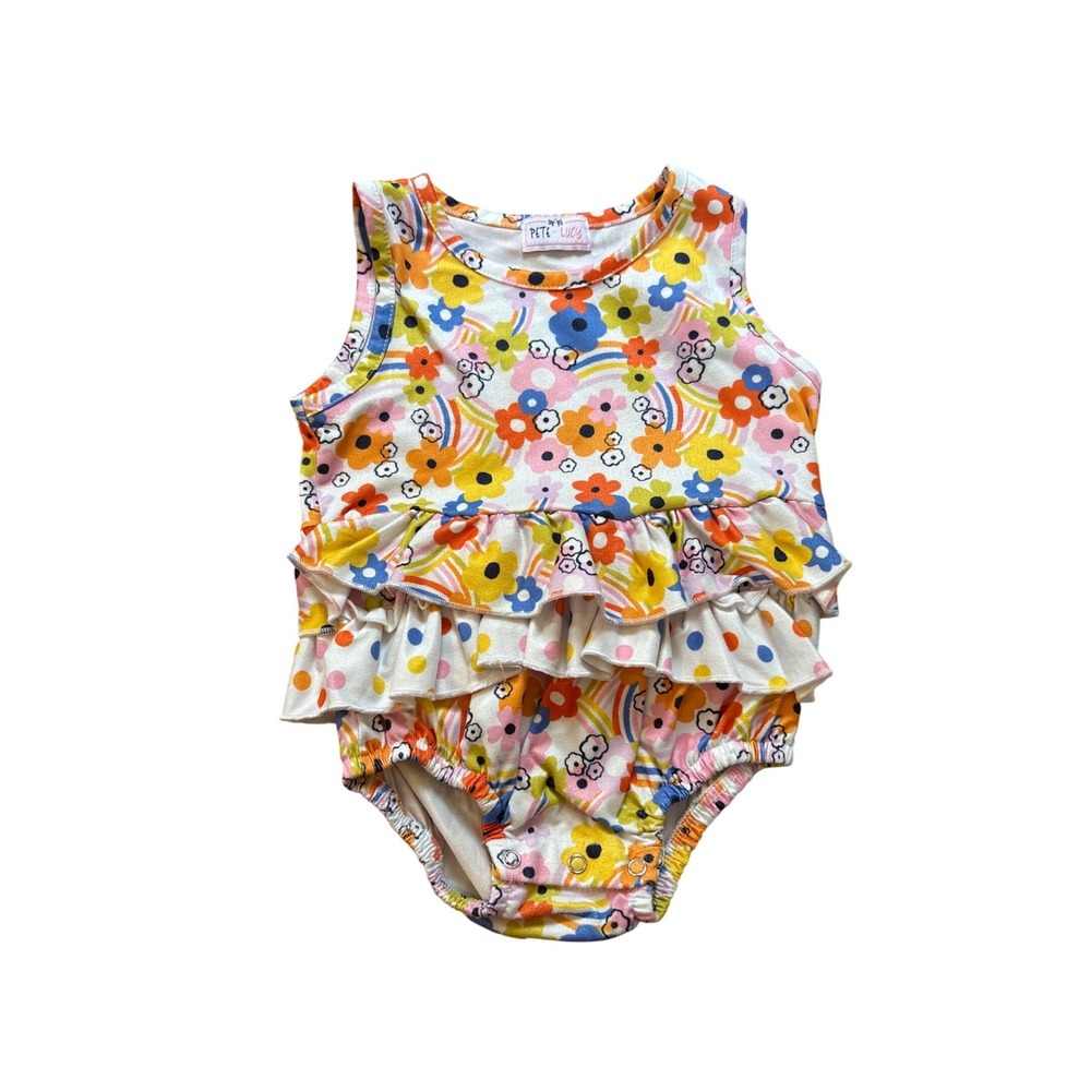 Pete + Lucy Romper Kids White Floral Rainbow‎ Ruffle Retro SIZE 12-18M